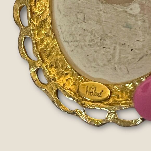 Vintage HOBE Floral Porcelain Brooch Gold Tone - Picture 2 of 4